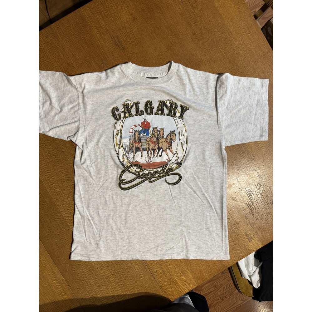 Vintage Calgary Canada Chuckwagon T-Shirt L 50/50 Heather Gray‎ Made in Canada